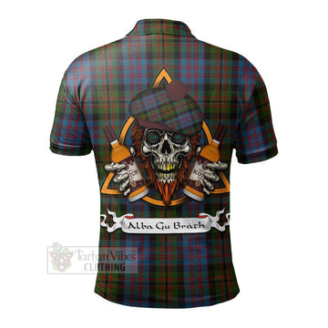 Bowie Tartan Polo Shirt with Family Crest and Bearded Skull Holding Bottles of Whiskey - Tartan Vibes Clothing