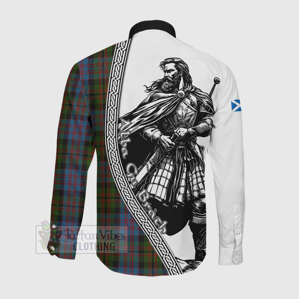 Bowie Tartan Clan Crest Long Sleeve Button Shirt with Highlander Warrior Celtic Style Men's Shirt - Tartan Vibes Clothing