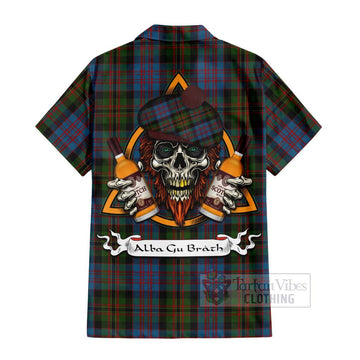 Bowie Tartan Hawaiian Shirt with Family Crest and Bearded Skull Holding Bottles of Whiskey - Tartan Vibes Clothing