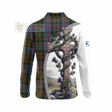 Tartan Vibes Clothing Bowie Tartan Long Sleeve Polo Shirt with Family Crest and St. Andrew's Cross Accented by Thistle Vines