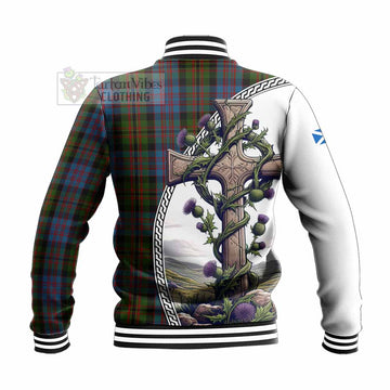 Tartan Vibes Clothing Bowie Tartan Baseball Jacket with Family Crest and St. Andrew's Cross Accented by Thistle Vines