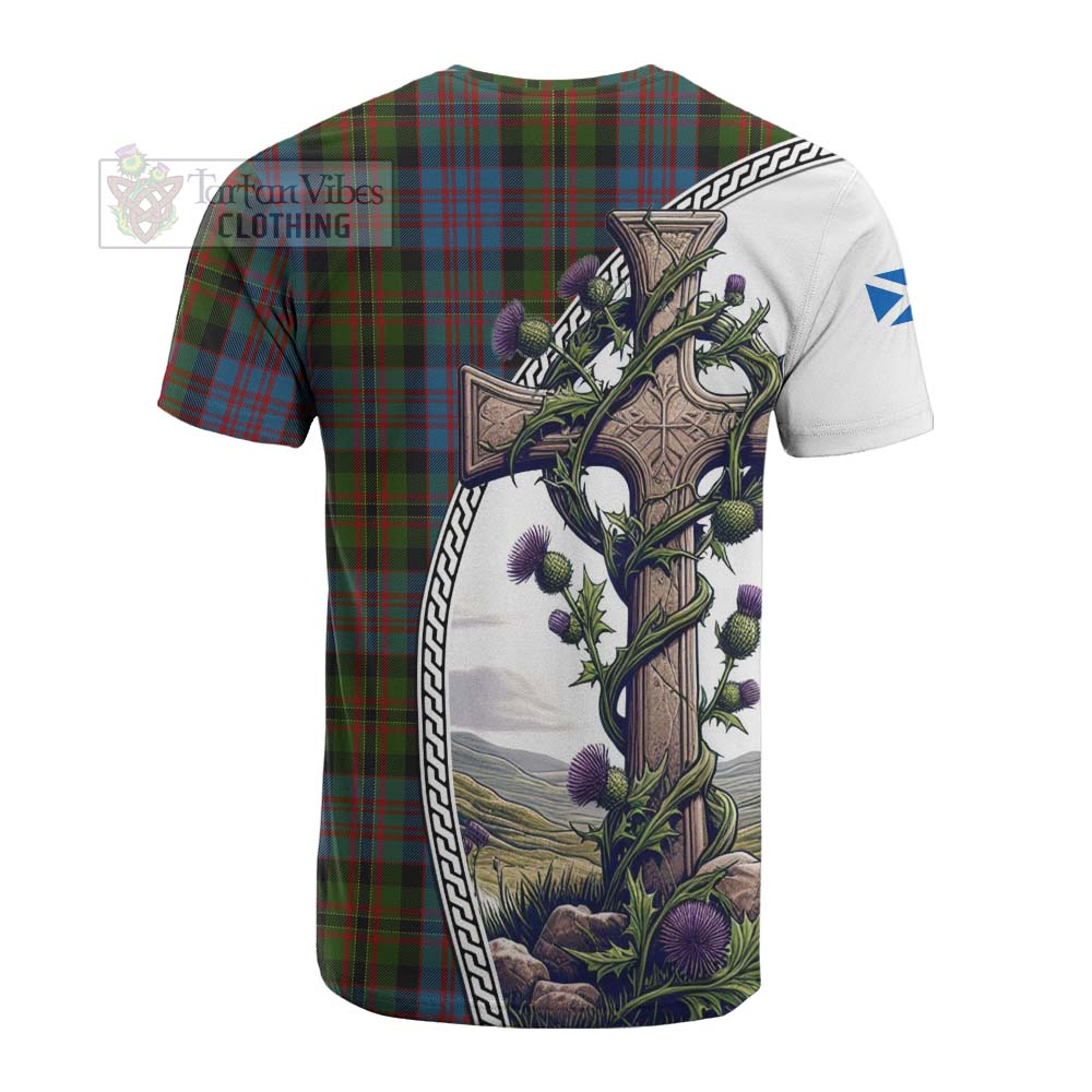 Tartan Vibes Clothing Bowie Tartan Cotton T-shirt with Family Crest and St. Andrew's Cross Accented by Thistle Vines
