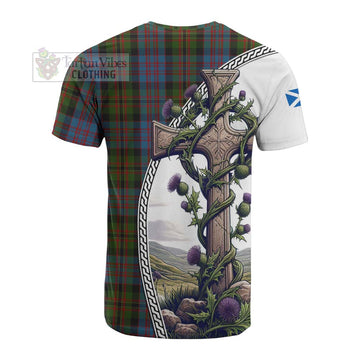 Tartan Vibes Clothing Bowie Tartan Cotton T-shirt with Family Crest and St. Andrew's Cross Accented by Thistle Vines
