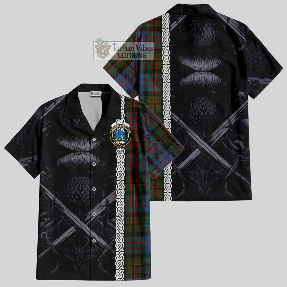 Bowie Tartan Hawaiian Shirt with Family Crest Cross Sword Thistle Celtic Vibes - Tartan Vibes Clothing