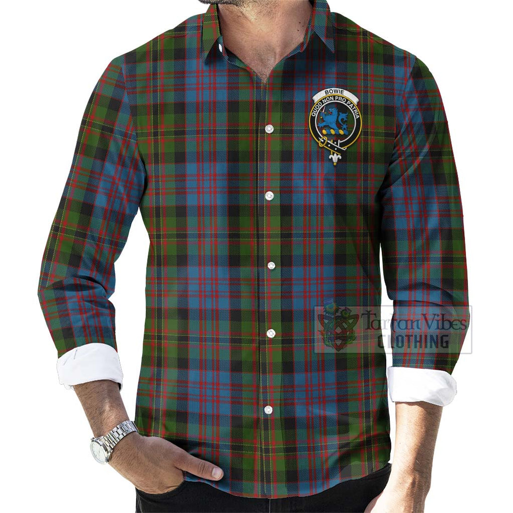 Bowie Tartan Long Sleeve Button Shirt with Family Crest Celtic Skull Style - Tartan Vibes Clothing