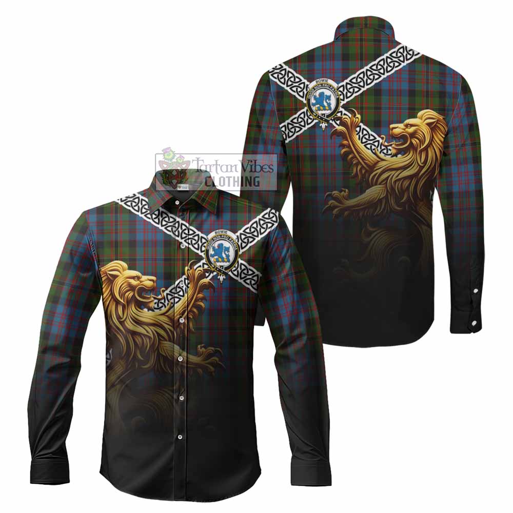 Bowie Crest Tartan Long Sleeve Button Shirt with Golden Lion Emblem Celtic Style - Tartan Vibes Clothing