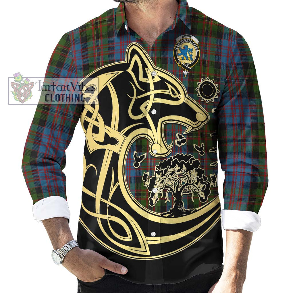 Bowie Tartan Long Sleeve Button Shirt with Family Crest Celtic Wolf Style - Tartan Vibes Clothing