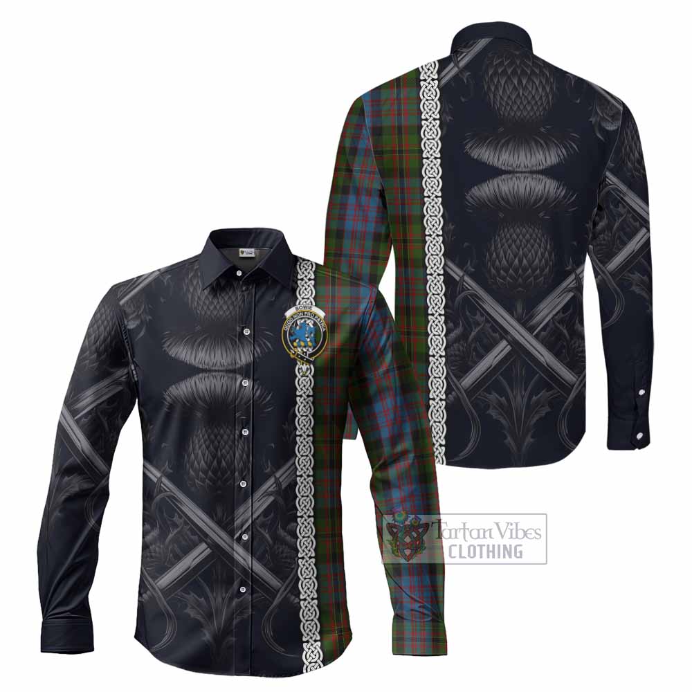 Tartan Vibes Clothing Bowie Tartan Long Sleeve Button Shirt with Family Crest Cross Sword Thistle Celtic Vibes