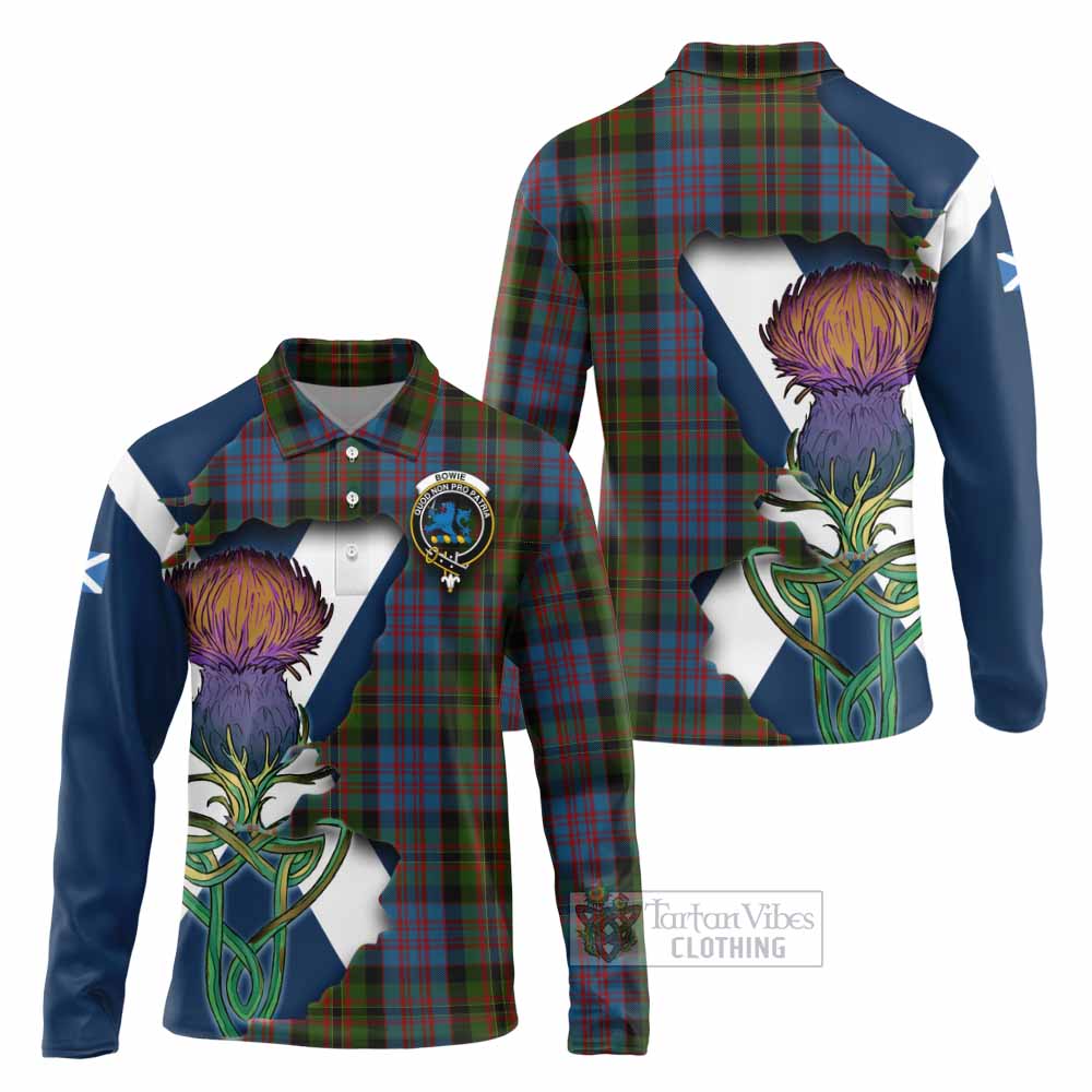 Tartan Vibes Clothing Bowie Tartan Family Crest Long Sleeve Polo Shirt Scottish Thistle Celtic Inspired