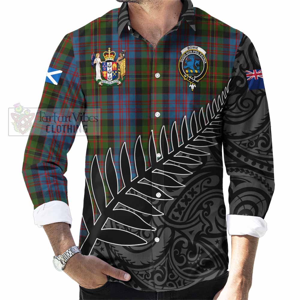 Bowie Crest Tartan Long Sleeve Button Shirt with New Zealand Silver Fern Half Style - Tartan Vibes Clothing