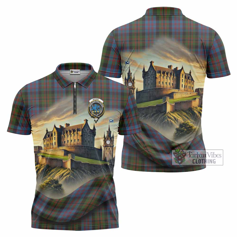 Bowie Tartan Family Crest Zipper Polo Shirt with Scottish Ancient Castle Style - Tartan Vibes Clothing