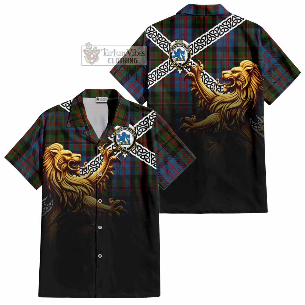 Bowie Crest Tartan Hawaiian Shirt with Golden Lion Emblem Celtic Style - Tartan Vibes Clothing