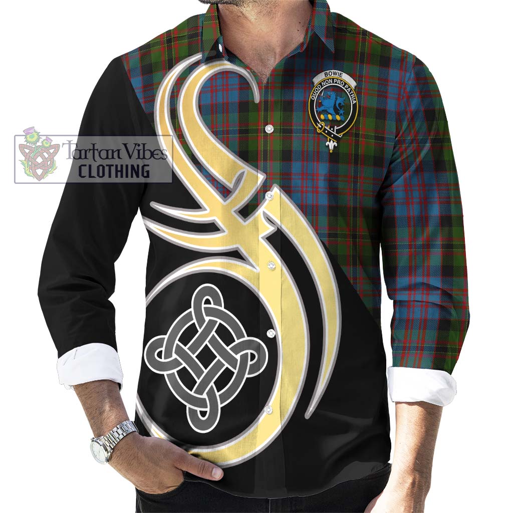 Bowie Tartan Long Sleeve Button Shirt with Family Crest and Celtic Symbol Style - Tartan Vibes Clothing