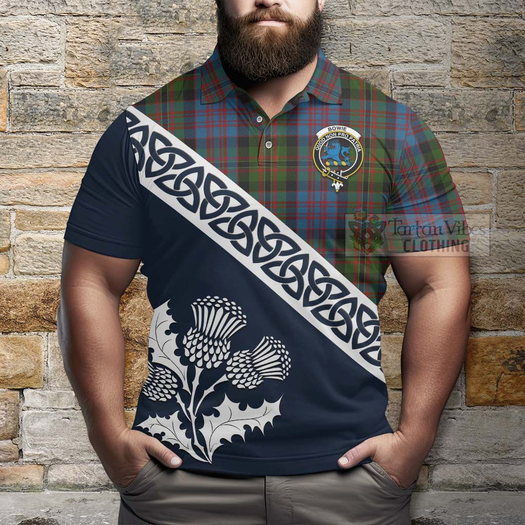 Bowie Tartan Polo Shirt Featuring Thistle and Scotland Map - Tartanvibesclothing Store