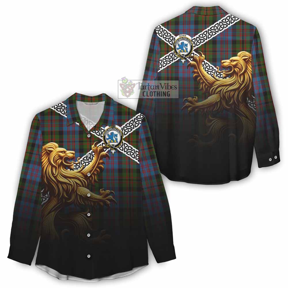 Bowie Crest Tartan Women's Casual Shirt with Golden Lion Emblem Celtic Style - Tartan Vibes Clothing