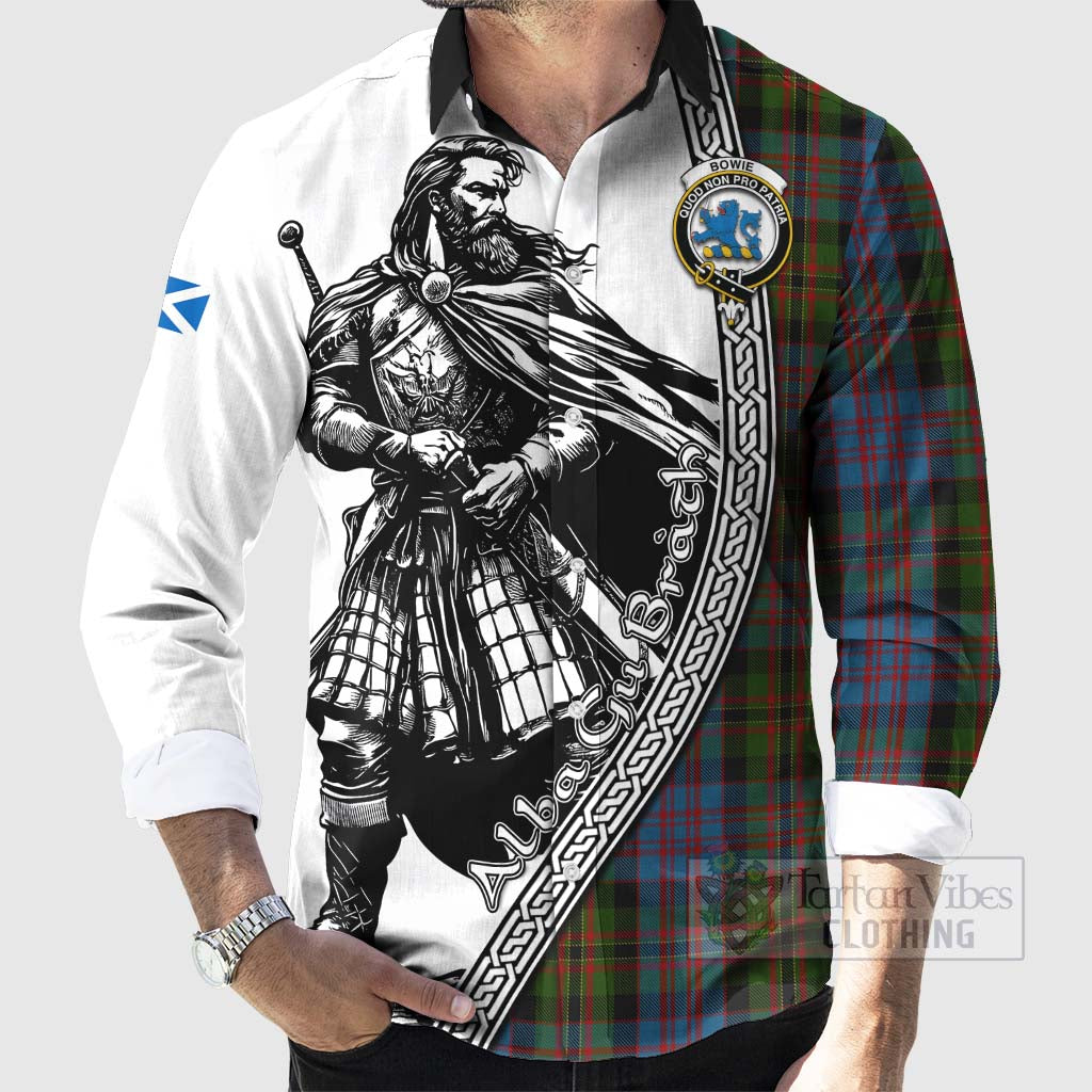 Bowie Tartan Clan Crest Long Sleeve Button Shirt with Highlander Warrior Celtic Style - Tartan Vibes Clothing