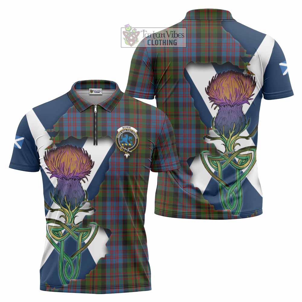 Tartan Vibes Clothing Bowie Tartan Family Crest Zipper Polo Shirt Scottish Thistle Celtic Inspired