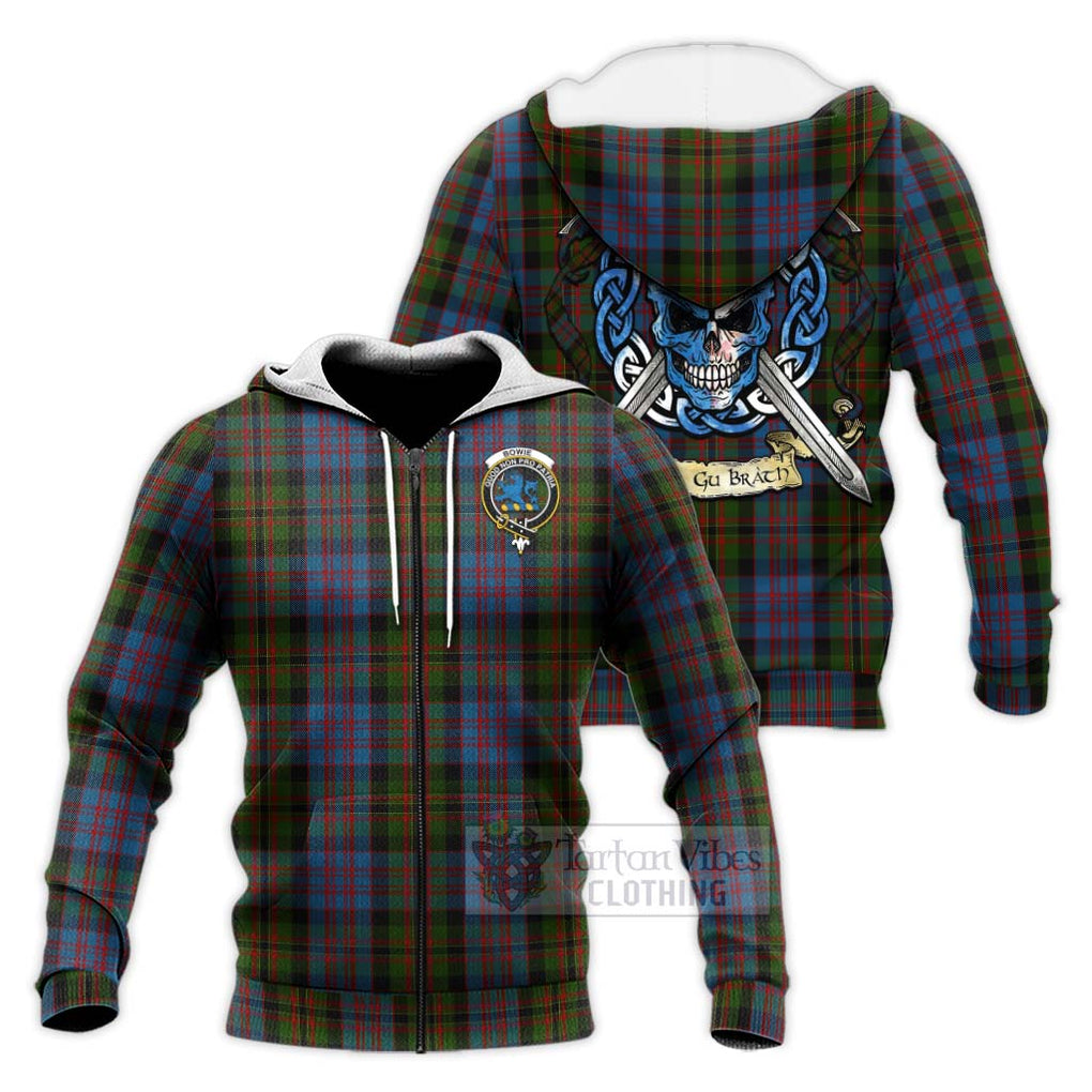 Bowie Tartan Knitted Hoodie with Family Crest Celtic Skull Style Unisex Knitted Zip Hoodie - Tartan Vibes Clothing
