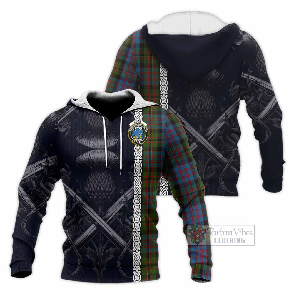 Bowie Tartan Knitted Hoodie with Family Crest Cross Sword Thistle Celtic Vibes - Tartan Vibes Clothing