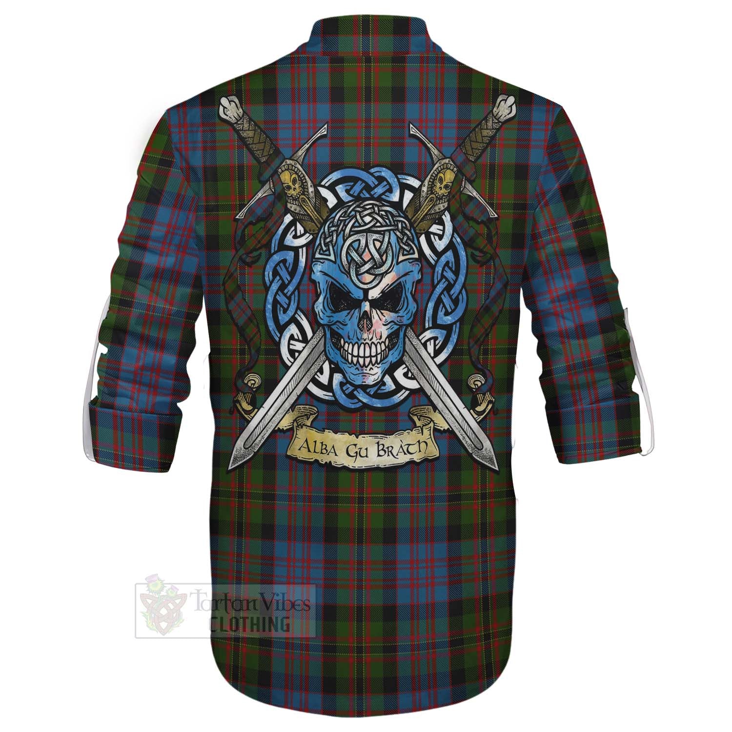 Bowie Tartan Ghillie Kilt Shirt with Family Crest Celtic Skull Style - Tartan Vibes Clothing