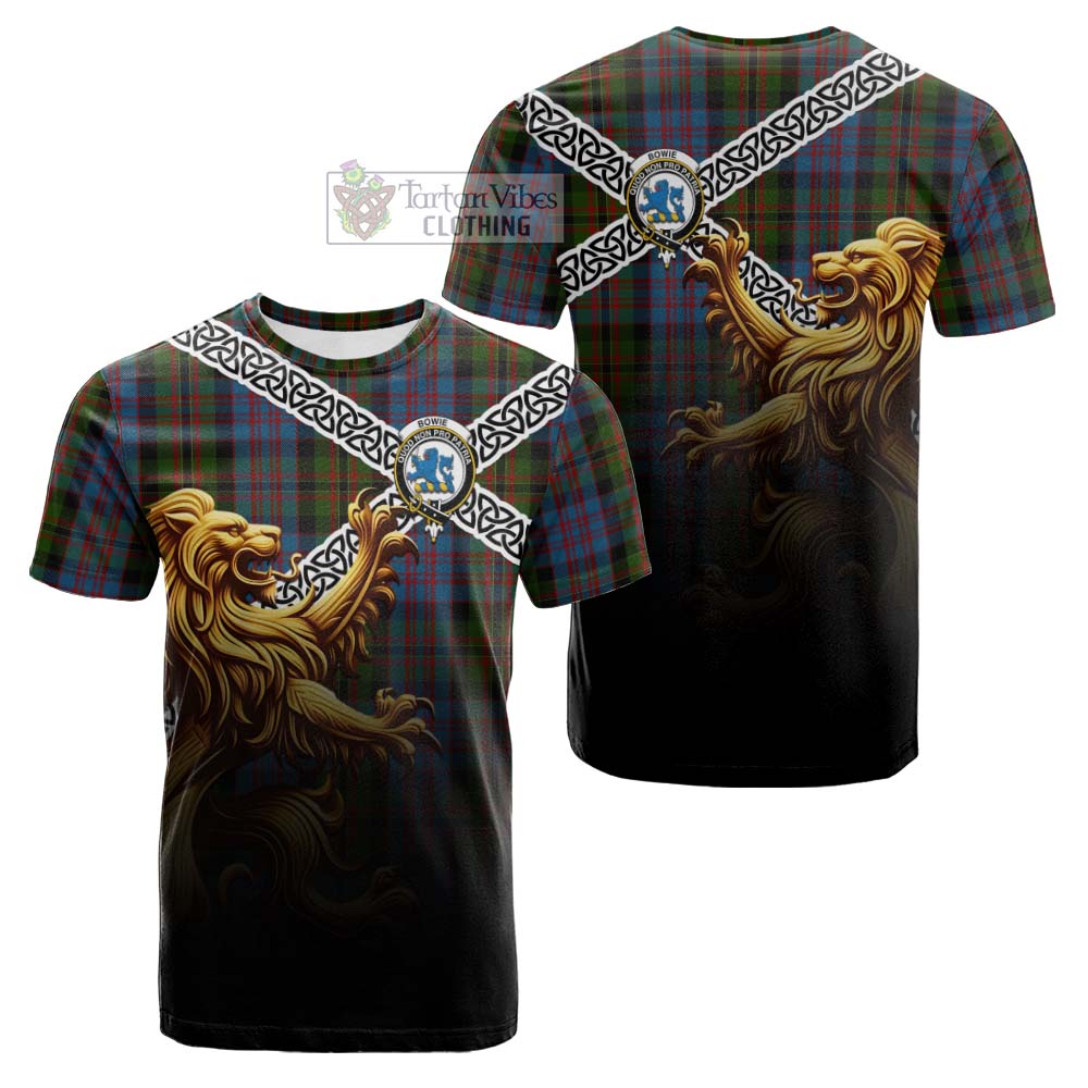 Bowie Crest Tartan Cotton T-shirt with Golden Lion Emblem Celtic Style - Tartan Vibes Clothing