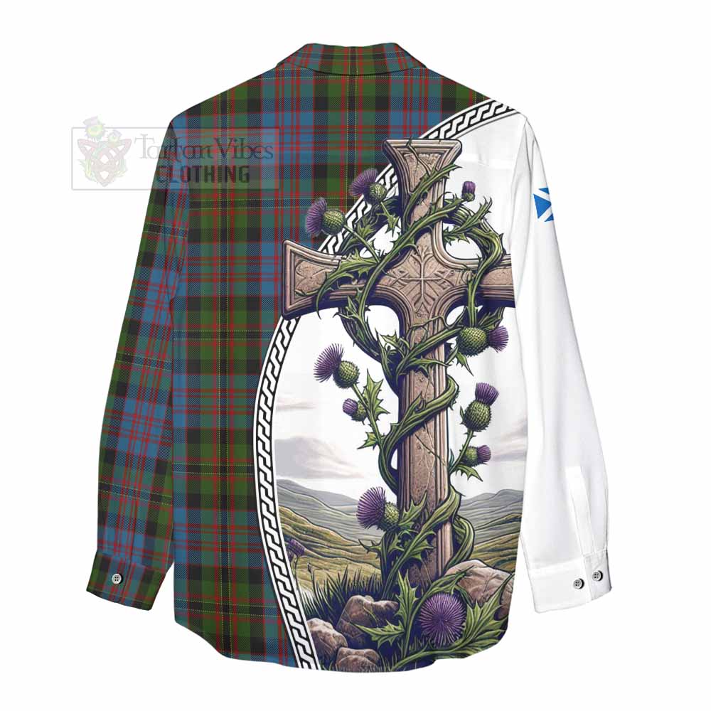 Tartan Vibes Clothing Bowie Tartan Women's Casual Shirt with Family Crest and St. Andrew's Cross Accented by Thistle Vines