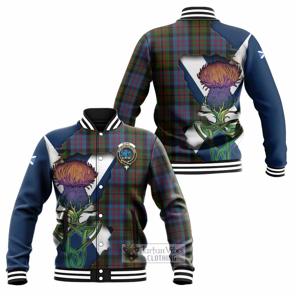 Tartan Vibes Clothing Bowie Tartan Family Crest Baseball Jacket Scottish Thistle Celtic Inspired