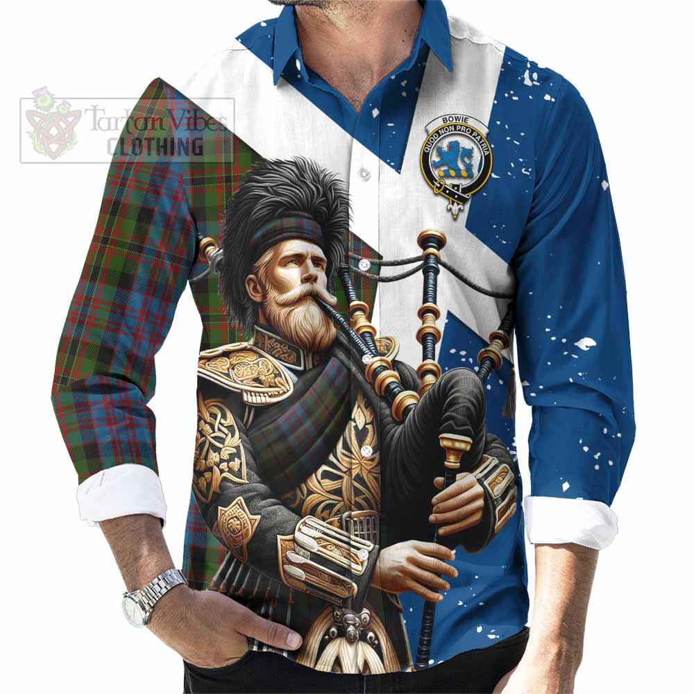 Bowie Tartan Long Sleeve Button Shirt with Family Crest Scottish Bagpiper Vibes - Tartan Vibes Clothing