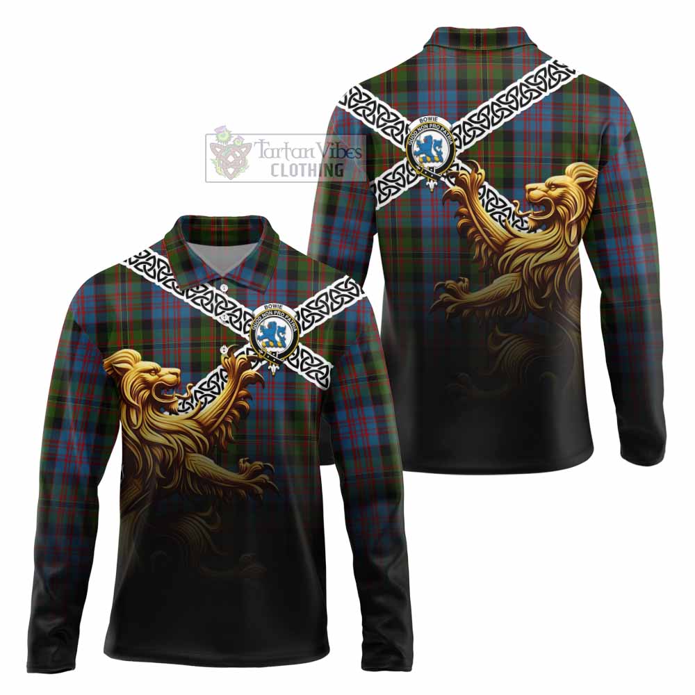 Bowie Crest Tartan Long Sleeve Polo Shirt with Golden Lion Emblem Celtic Style - Tartan Vibes Clothing