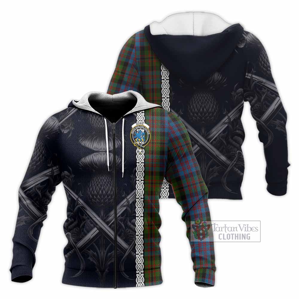 Bowie Tartan Knitted Hoodie with Family Crest Cross Sword Thistle Celtic Vibes Unisex Knitted Zip Hoodie - Tartan Vibes Clothing