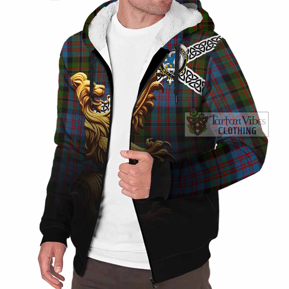 Bowie Crest Tartan Sherpa Hoodie with Golden Lion Emblem Celtic Style - Tartan Vibes Clothing