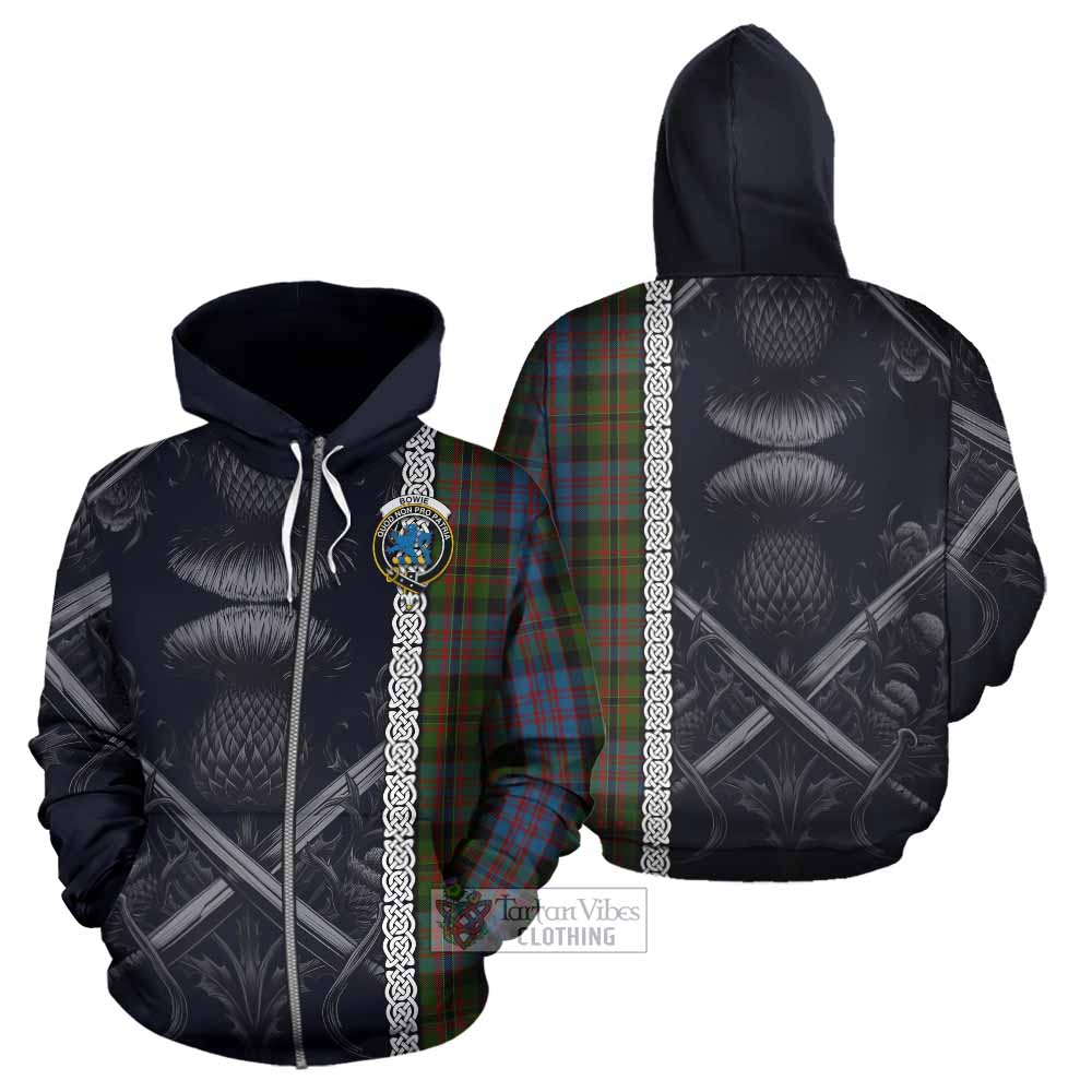Bowie Tartan Hoodie with Family Crest Cross Sword Thistle Celtic Vibes Zip Hoodie - Tartan Vibes Clothing