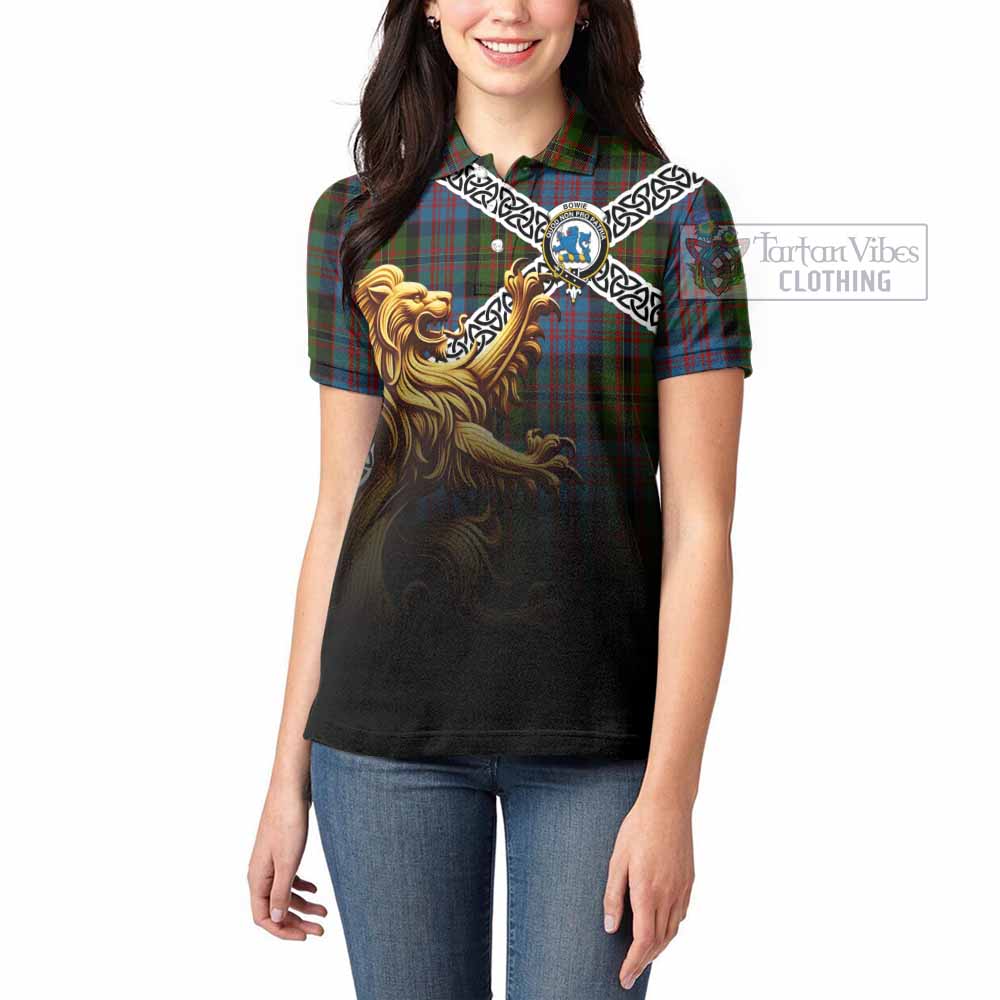 Bowie Crest Tartan Women's Polo Shirt with Golden Lion Emblem Celtic Style - Tartan Vibes Clothing