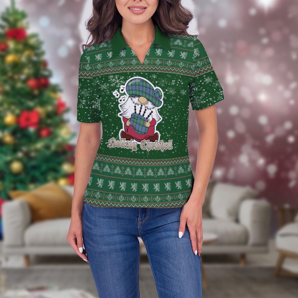 Bowie Ancient Clan Christmas Family Polo Shirt with Funny Gnome Playing Bagpipes Women's Polo Shirt Green - Tartanvibesclothing