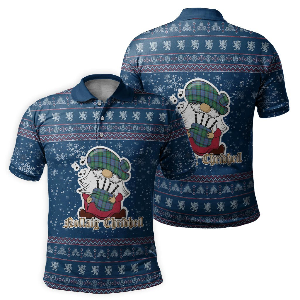Bowie Ancient Clan Christmas Family Polo Shirt with Funny Gnome Playing Bagpipes Men's Polo Shirt Blue - Tartanvibesclothing