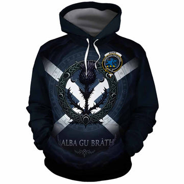 Bowie Clan Crest Cotton Hoodie with Celtic Knot Thistle and Saltire