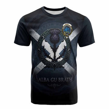 Bowie Clan Crest Cotton T-shirt with Celtic Knot Thistle and Saltire