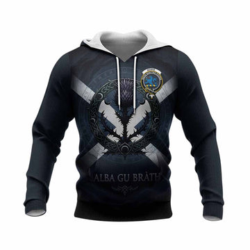 Bowie Clan Crest Knitted Hoodie with Celtic Knot Thistle and Saltire