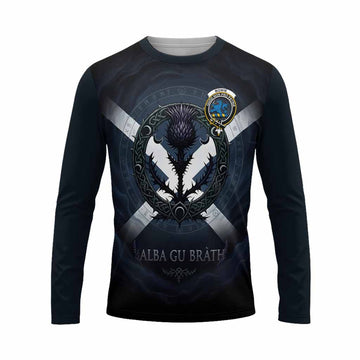 Bowie Clan Crest Long Sleeve T-Shirt with Celtic Knot Thistle and Saltire
