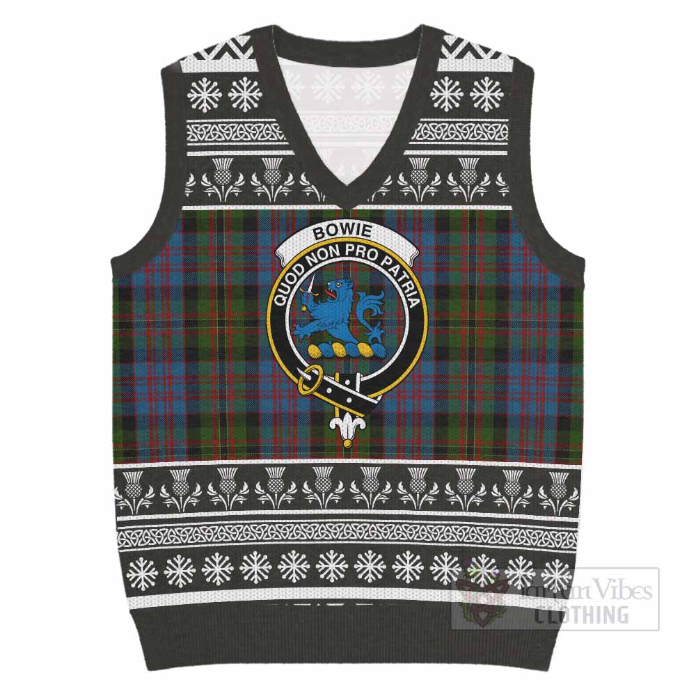 Bowie Clan Tartan Christmas Knitted V-Neck Vest with Family Crest - Tartan Vibes Clothing