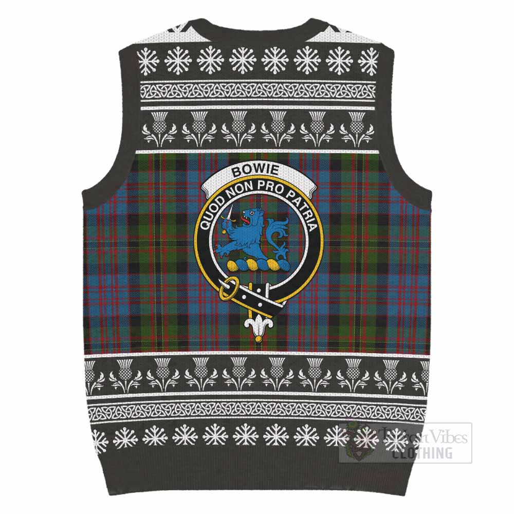 Bowie Clan Tartan Christmas Knitted V-Neck Vest with Family Crest - Tartan Vibes Clothing