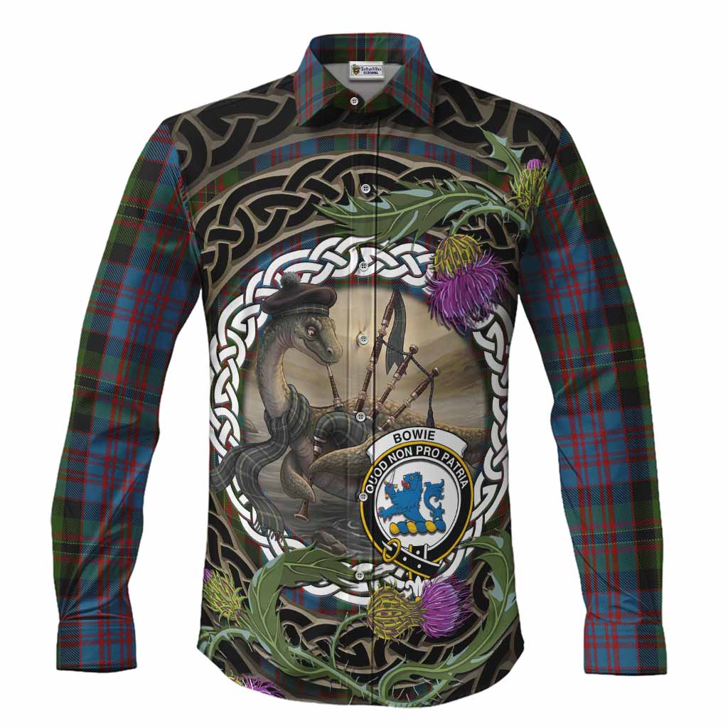 Bowie Tartan Crest Bagpipe Nessie Long Sleeve Button Shirts Scottish Loch Ness Monster Celtic Thistle