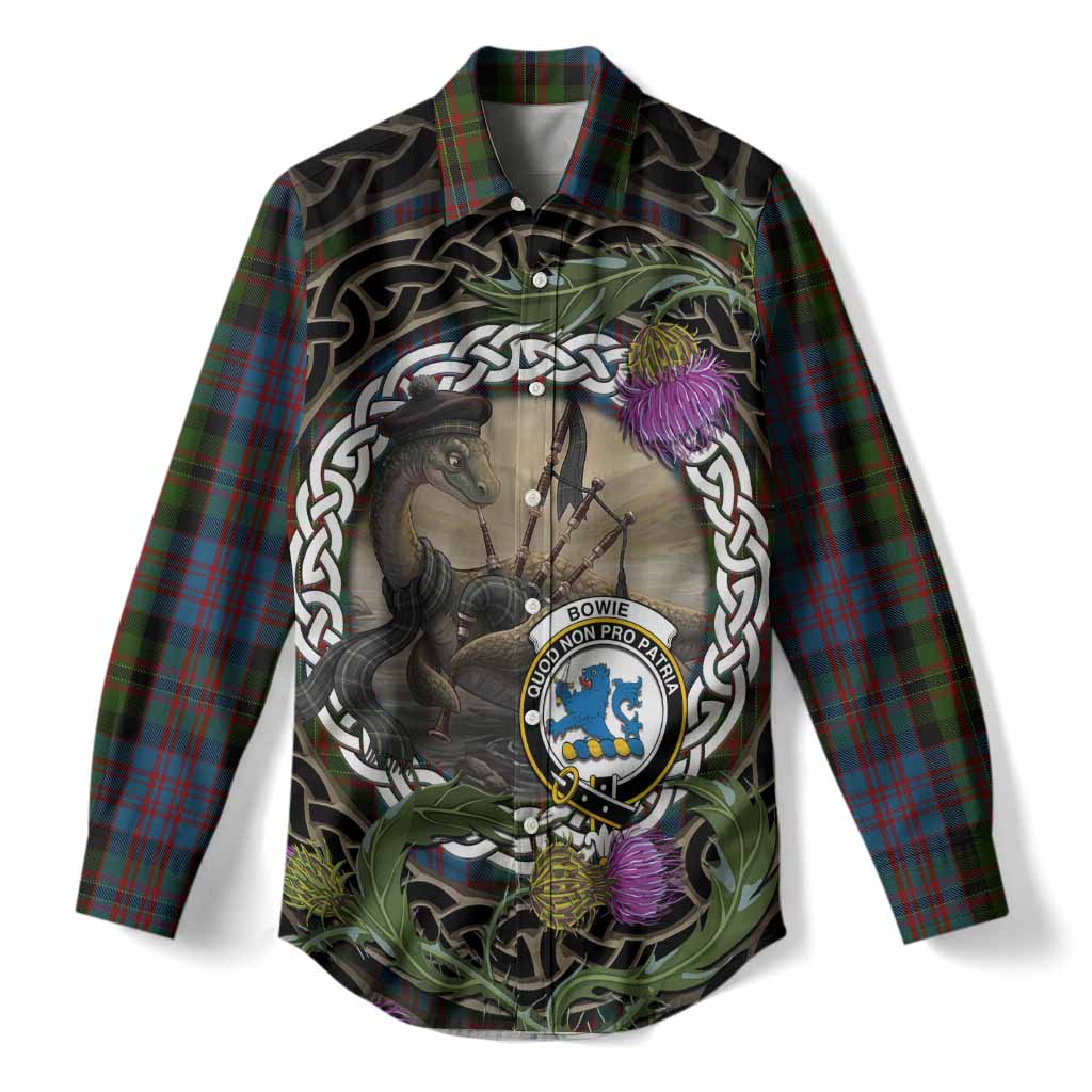 Bowie Tartan Crest Bagpipe Nessie Women Casual Shirt Scottish Loch Ness Monster Celtic Thistle