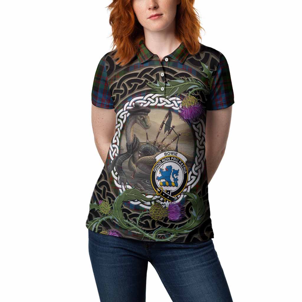 Bowie Tartan Crest Bagpipe Nessie Women Polo Shirt Scottish Loch Ness Monster Celtic Thistle