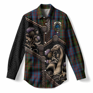 Bowie Tartan Crest Women Casual Shirt Scottish Thistle Loch Ness Monster