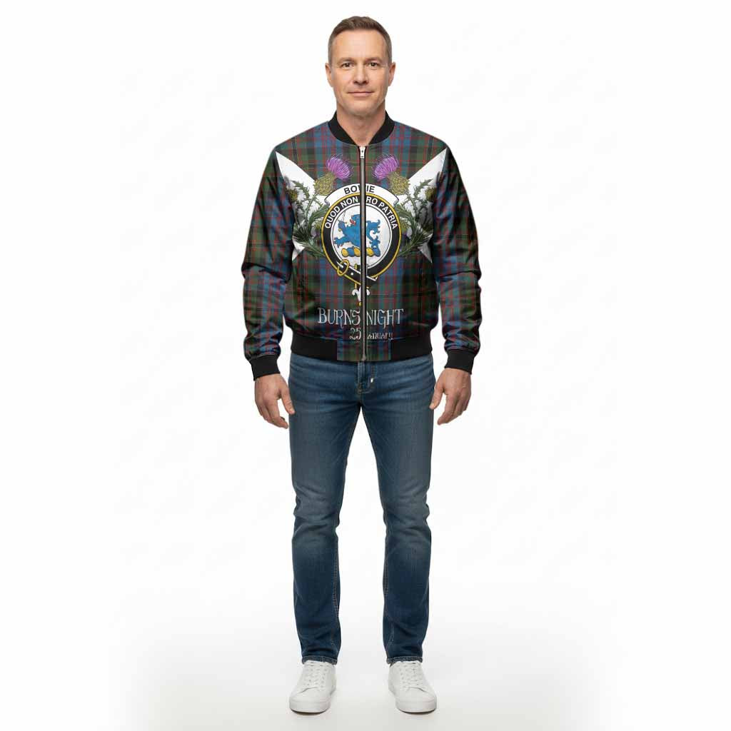Bowie Tartan Family Crest Bomber Jacket Scottish Burns Night Thistle Floral