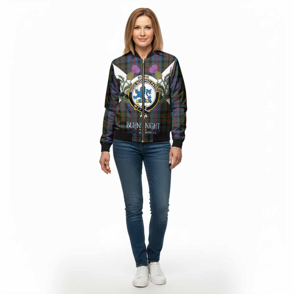 Bowie Tartan Family Crest Bomber Jacket Scottish Burns Night Thistle Floral