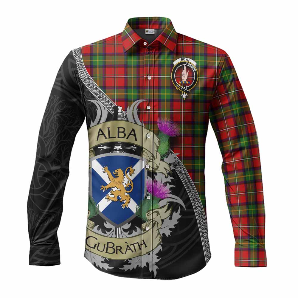 Tartan Vibes Clothing Boyd Tartan Family Crest Long Sleeve Button Shirt Lion Rampant Royal Thistle Shield Celtic Inspired