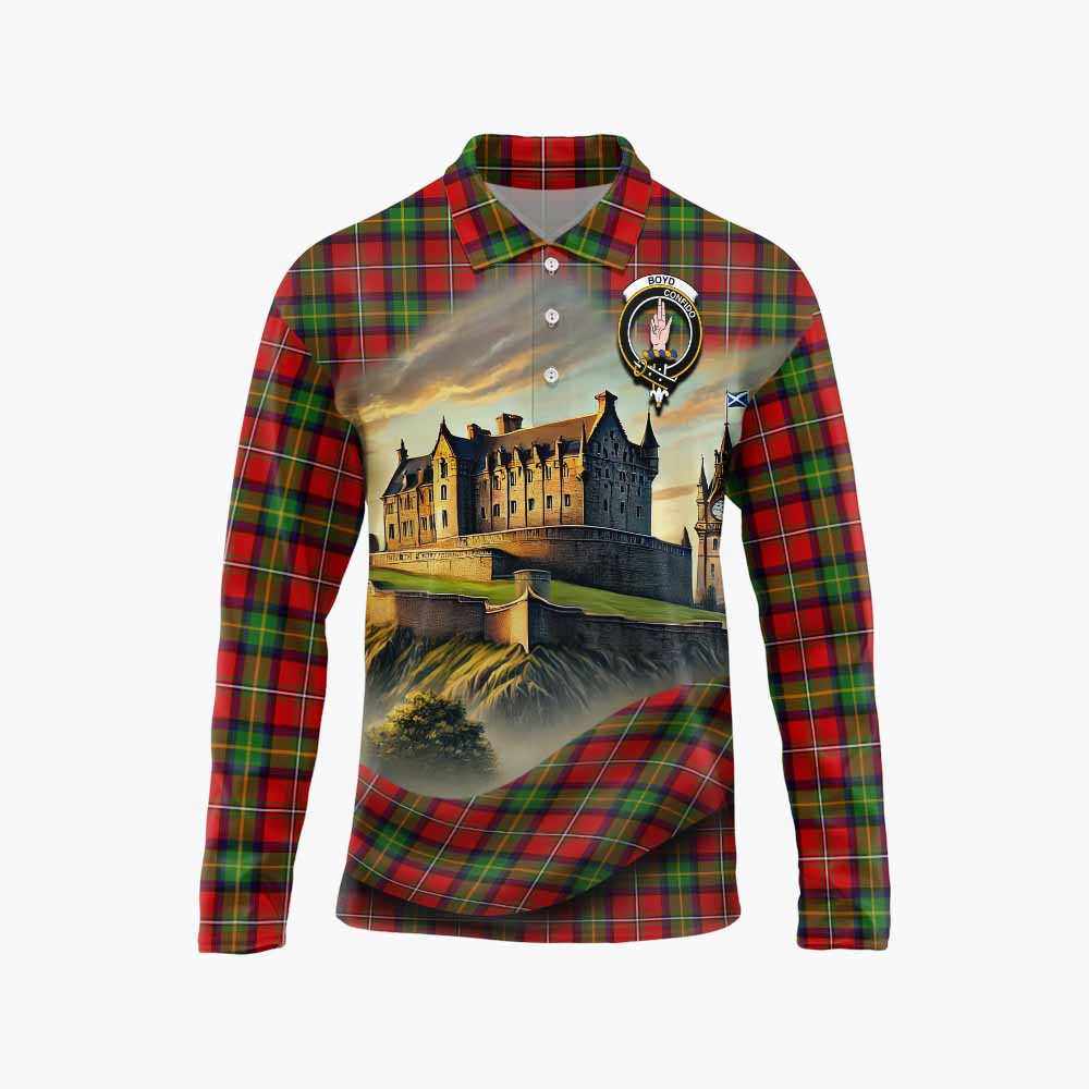Tartan Vibes Clothing Boyd Tartan Family Crest Long Sleeve Polo Shirt with Scottish Ancient Castle Style