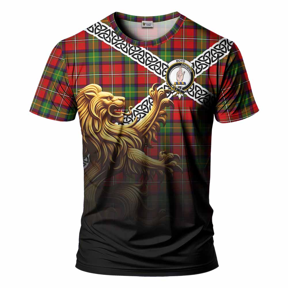 Tartan Vibes Clothing Boyd Crest Tartan T-Shirt with Golden Lion Emblem Celtic Style